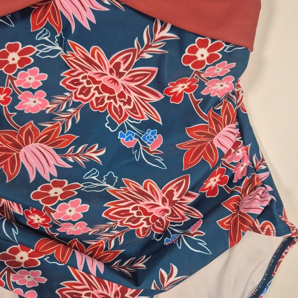 B2PRITY Women Floral One Piece Swimsuit Mauve‎ Navy V-Neck Ruched Size M New